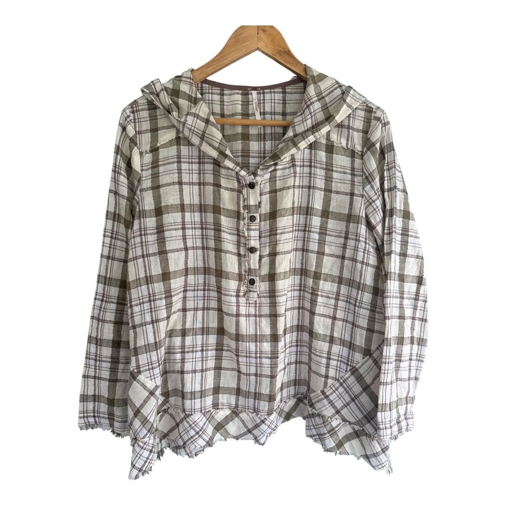 Free People Oversized Brown Plaid Hooded Long Sleeve Top Women's X-Small XS